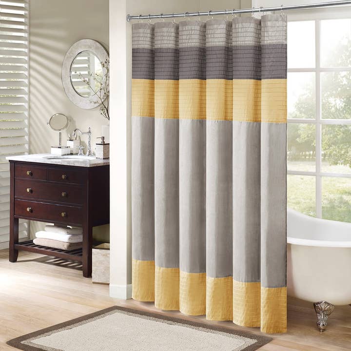 Color Block Silky Shower Curtain, Yellow/Grey for wholesale by Olliix