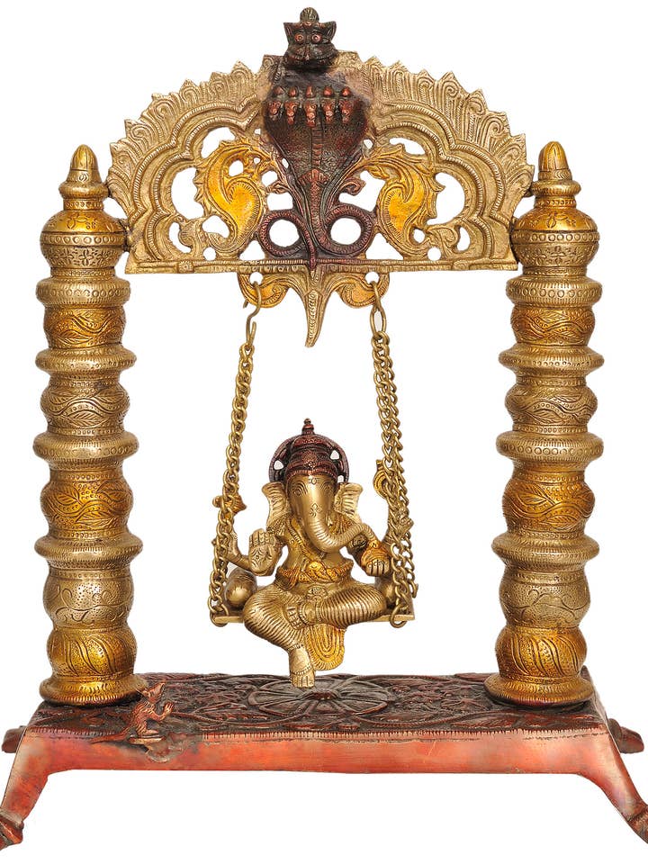17" Brass Statue Of Lord Ganesha On a Swing | Made In India for wholesale by Exotic India Art