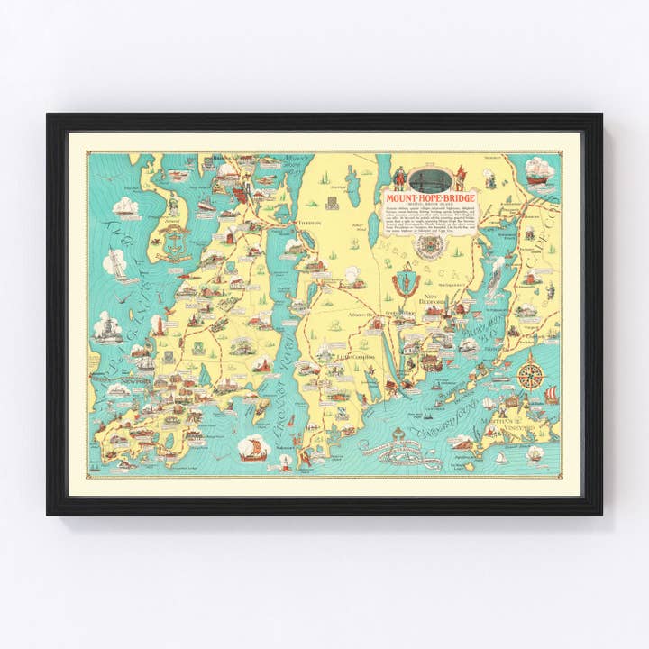 Vintage Rhode Island & Massachusetts Map 1933 for wholesale by Ted's Vintage Art
