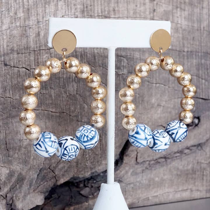 PennyLine inc - Wholesale Dangle Earrings - Chinoiserie Beaded Hoop Circle Drop Statement Earrings – Gold Tone