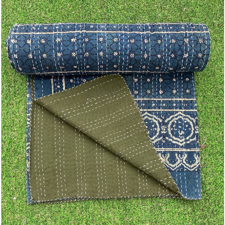 Bhawana Handicrafts - Wholesale Quilt - Indigo Kantha Quilts Block Printed Throw Cotton Bedspread5