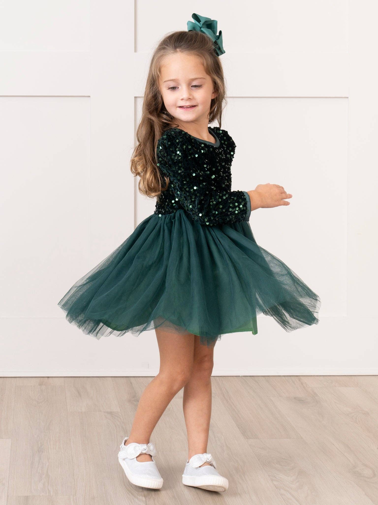 Marie Nicole Clothing - Wholesale Dress - Kids - Emerald Sparkle Party Long Sleeve Tulle Dress3