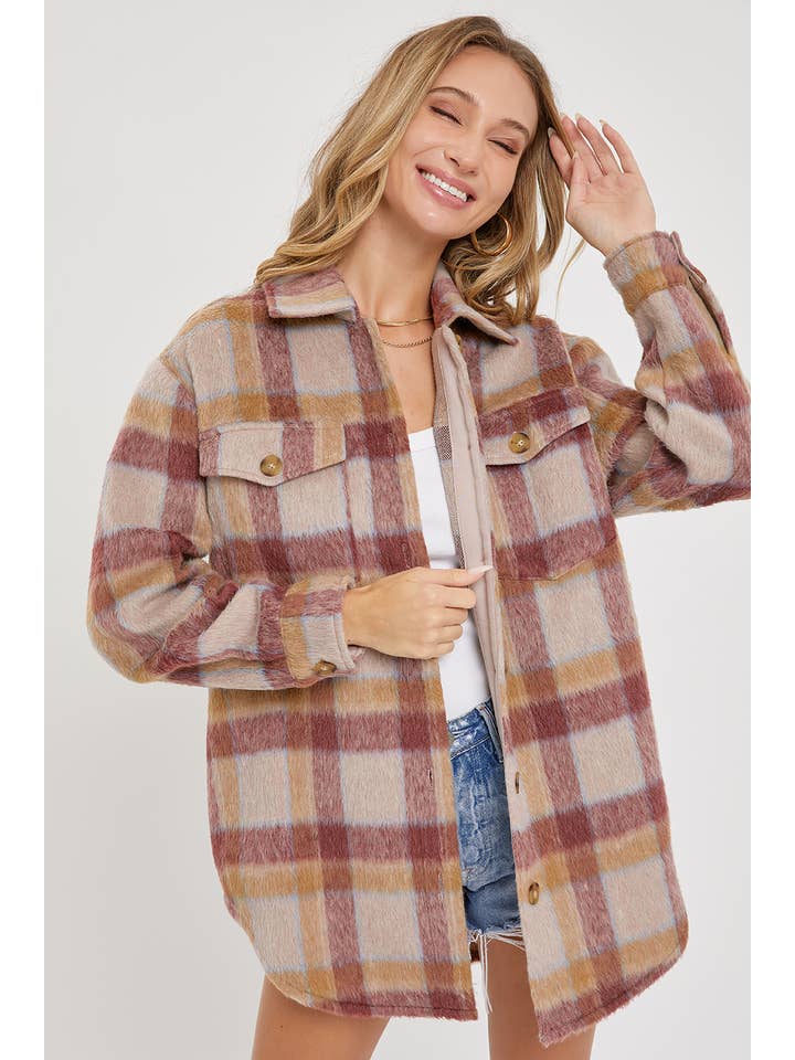 MAUVE BURGUNDY OUTERWEAR CLASSIC PLAID SHACKET/JACKET for wholesale on Faire11