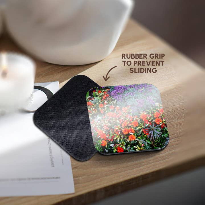 3dRose - Vendita all'ingrosso Sottobicchiere - 3dRose, USA, Oregon. Giardino di Cannon Beach. Impatiens. Gerani. Eliotropio 1., Sottobicchiere10