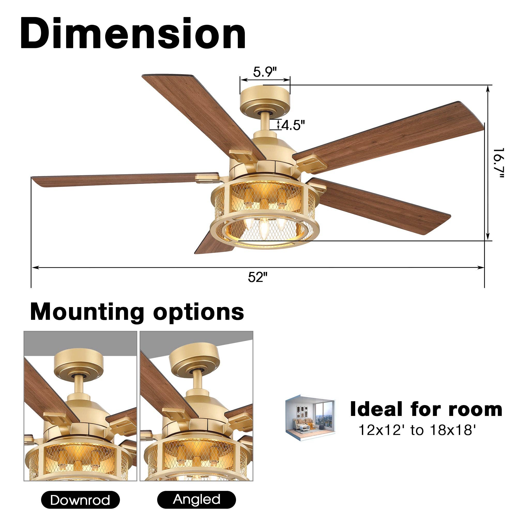 Brio Lighting - Wholesale Ceiling Fan - Ceiling Fan Farmhouse 52" Gold Reversible 5-Blade 3-Light12