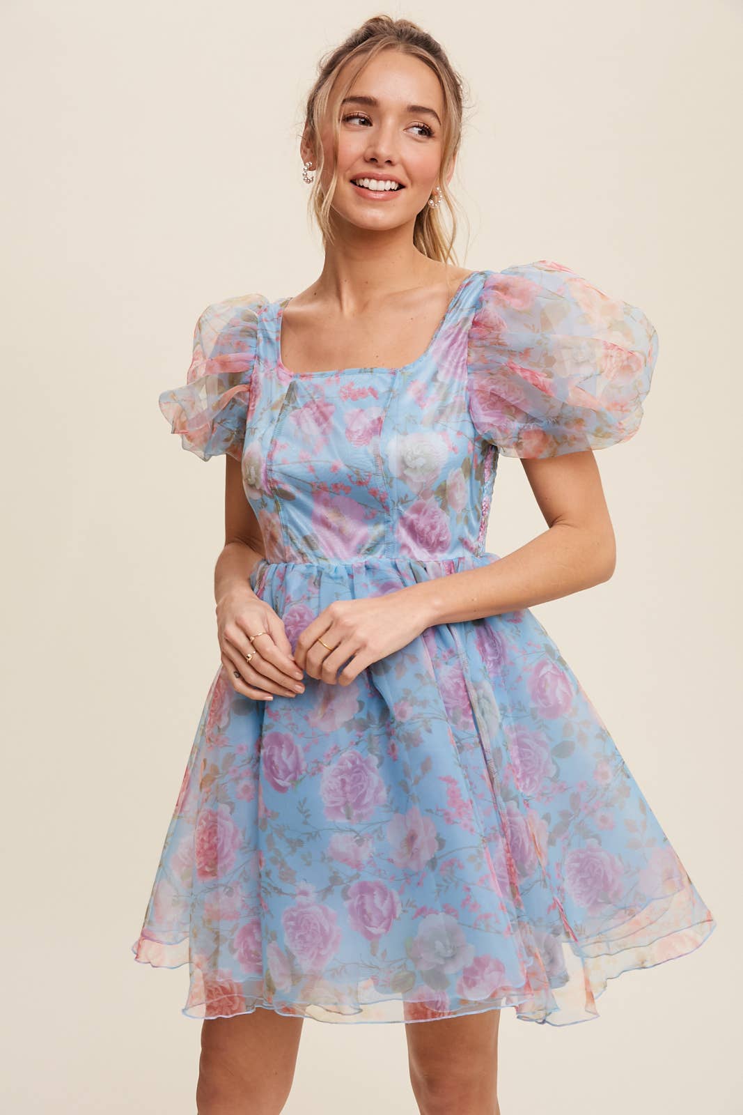 Listicle - Wholesale Dress - Women's - Floral Puff Sleeve Organza Mini Dress3