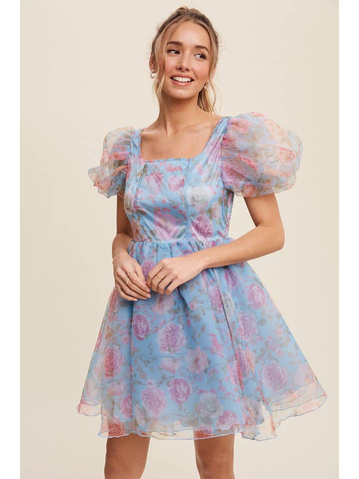 Listicle - Wholesale Dress - Women's - Floral Puff Sleeve Organza Mini Dress3