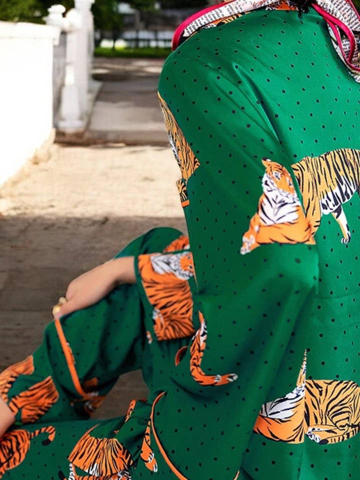 Green Satin Tiger Print Pajama Set for wholesale on Faire4