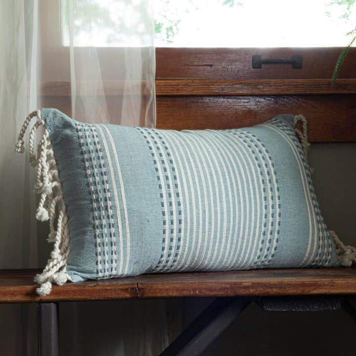 Nila Blue Woven 14x22 Cotton Filled Pillow Hand Tied Tassels for wholesale by Foreside Home & Garden