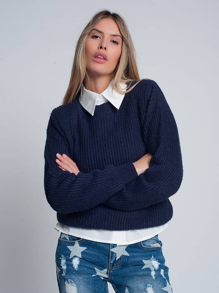 Ribbed jumper in Navy for wholesale by Q2—All Orders:Free Duties for the US,UK,and Canada