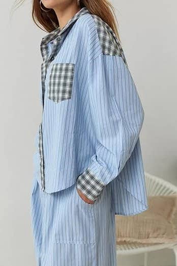 Rosa Clothing - Wholesale Sleepwear Set - Women's - Pink plaid patchwork loose pajama set10