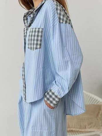 Rosa Clothing - Wholesale Sleepwear Set - Women's - Pink plaid patchwork loose pajama set10