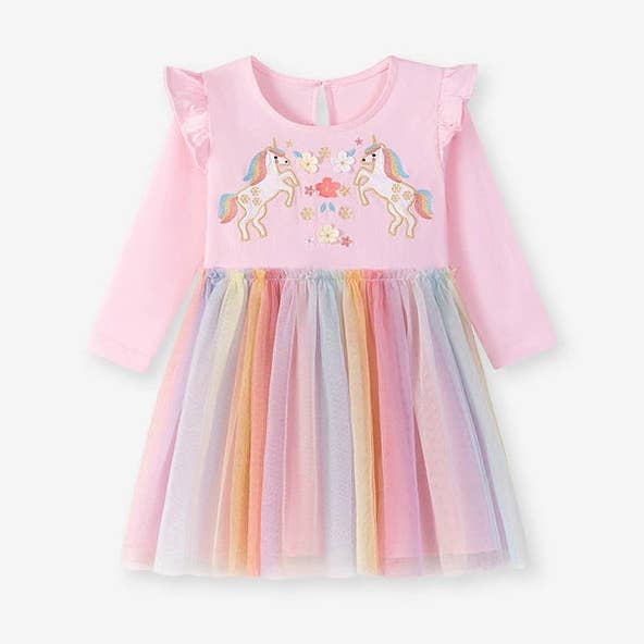 Autumn and Spring Arrival Unicorn Cartoon Pattern Long Sleeves Tulle Patchwork Dress for Stylish Girls for wholesale by MyKids-USA®