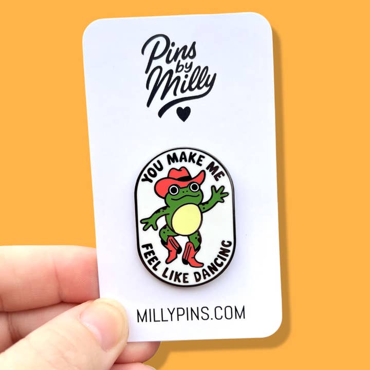 ‘You Make Me Feel Like Dancing’ Cowboy Frog Enamel Pin for wholesale by Millypins