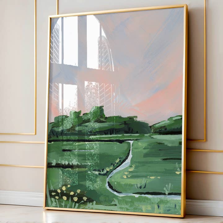 Rosé Schemering, Roze en Groen Landschap, Ingelijste Muurkunst voor wholesale door Green Barn Studio