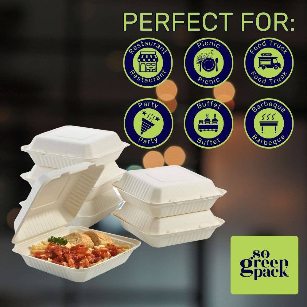 Sogreenpack – wholesale Engångsplatta – 8 ”X 8" komposterbar Bagasse Clamshell Miljövänlig 50-förpackningar9