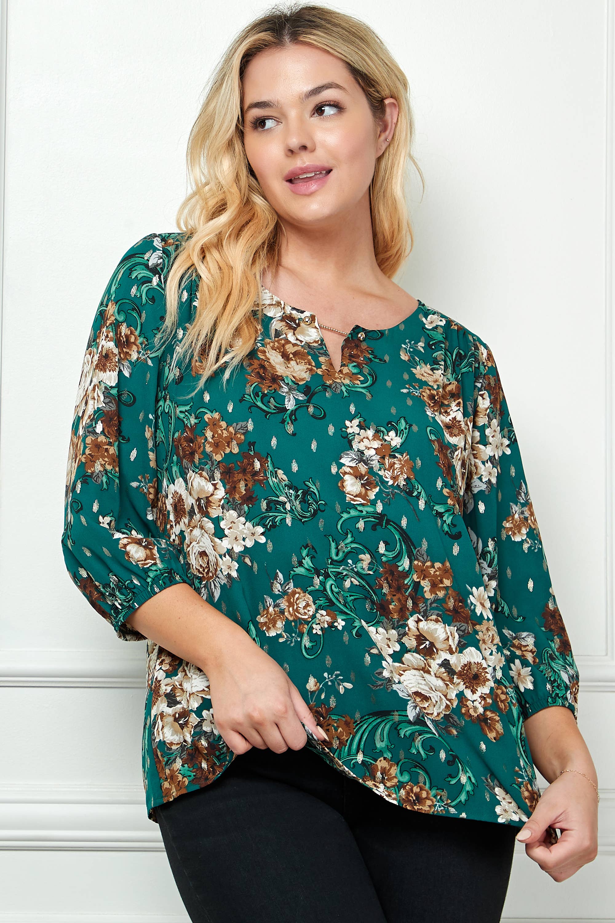 GREEN RPE PLUS STORLEK ELASTISK ÄRM TRIM HALS FRÄMRE BLUS G216777N38X för wholesale på Faire5