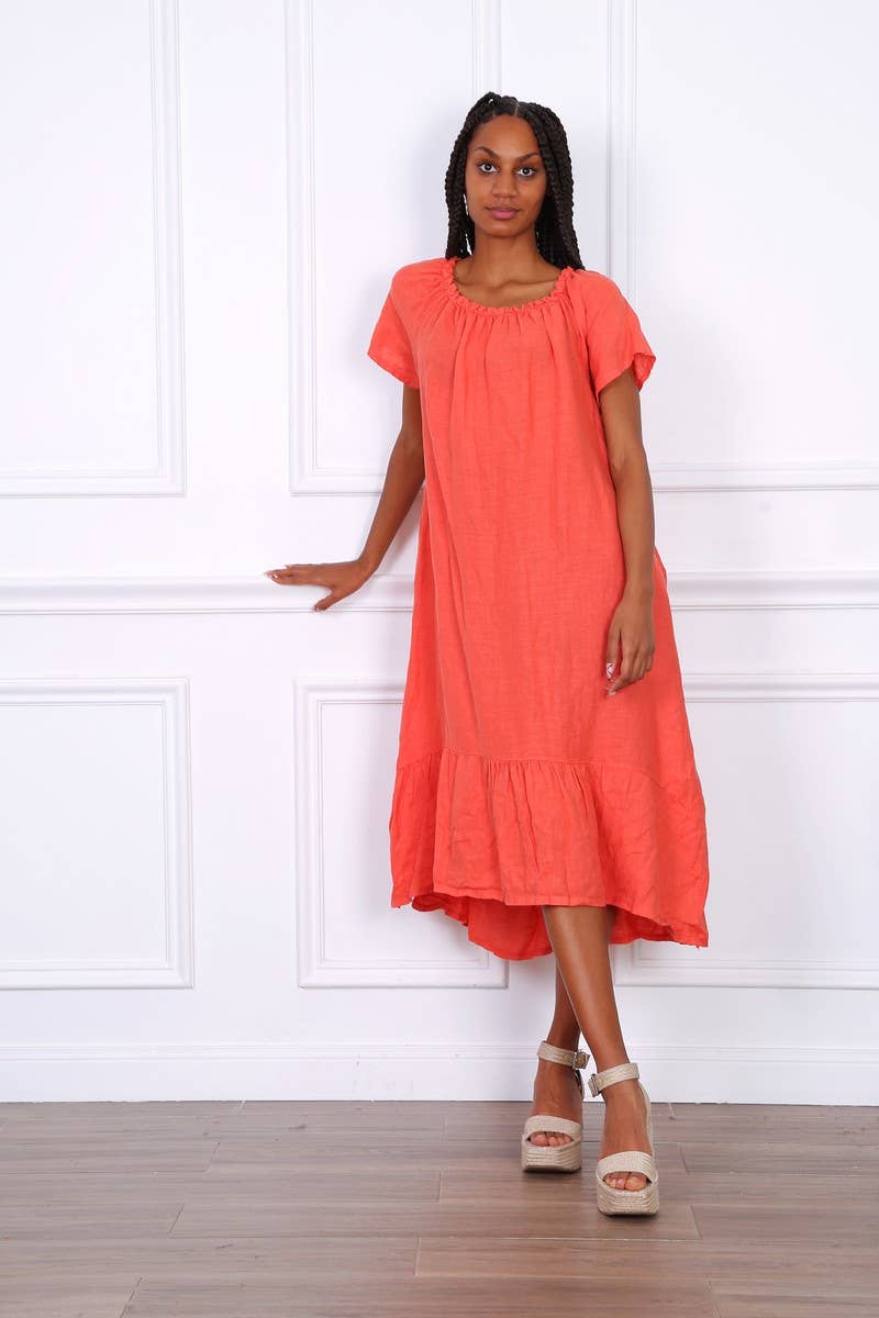 Happy look - Wholesale Dress - Women's - Long Linen Dress with Short Sleeves and Elastic Collar0