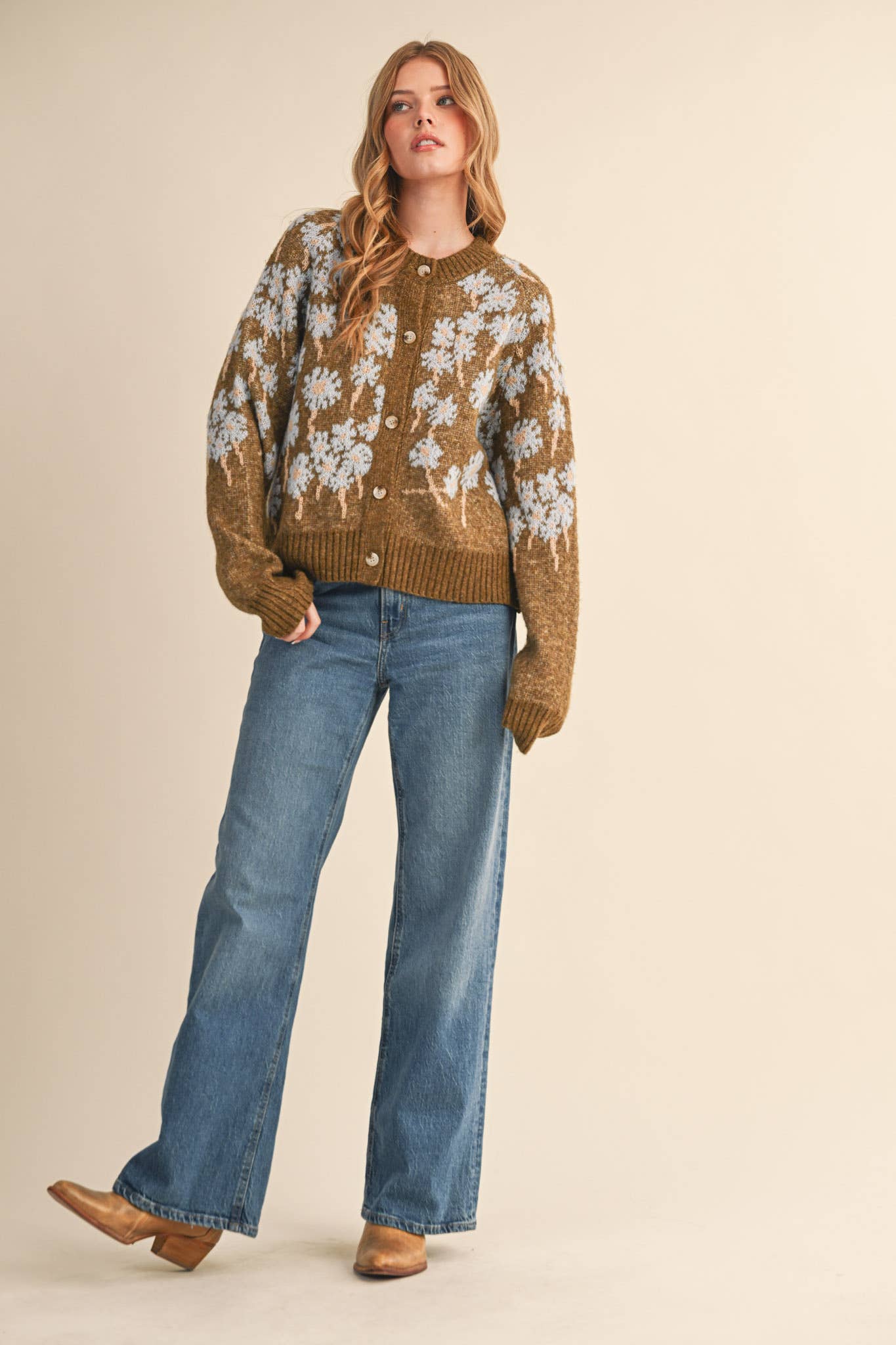 &MERCI - Wholesale Cardigan - Women's - FLORAL KNIT BUTTON DOWN SWEATER CARDIGAN MSW1123857