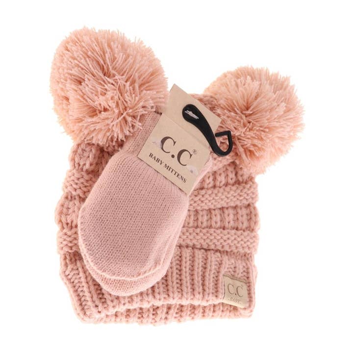 C.C Beanie - Wholesale Beanie - Kids - BABY Solid Knit Double Pom C.C Beanie with Mitten SET BABYSE