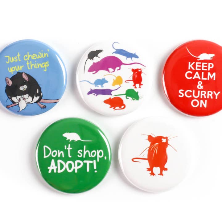 SET: Cute Rat Themed Pinback Buttons or Magnets for wholesale by Ifs, Ands, Or Buttons