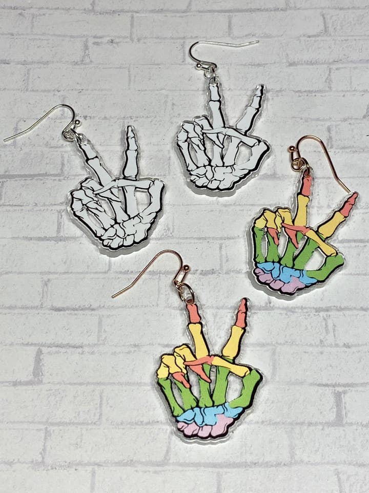 Brincos Esqueleto Ossos Brancos, Ossos esqueleto Arco-Íris, Brincos de Pena para Professor de Ciências, Peace Sign Esqueleto, Presente para Professor de Biologia por atacado de Chasin’ Self Care