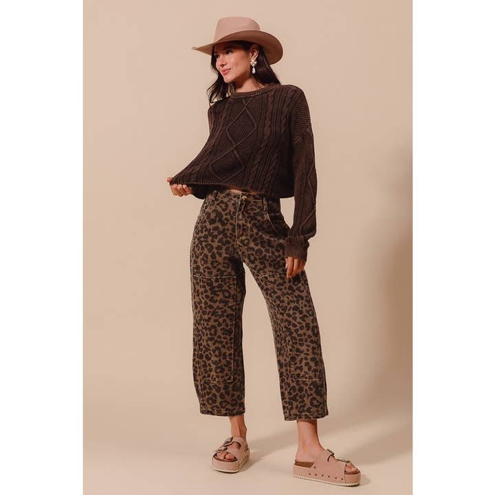 IVE - Wholesale Pants - Women's - TWO TONED LEOPARD PRINT TWILL MID RISE WIDE PANTS