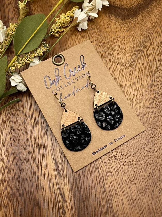 Leather/Wood Split Teardrop Earring 1 1/4" - 2 Colors for wholesale by Oak Creek Collection Handmade