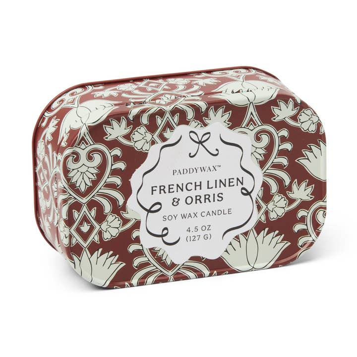 Cherie 4.5oz/127g Printed Tin Candle - Crimson & Cream - French Linen & Orris for wholesale by Designworks Collective