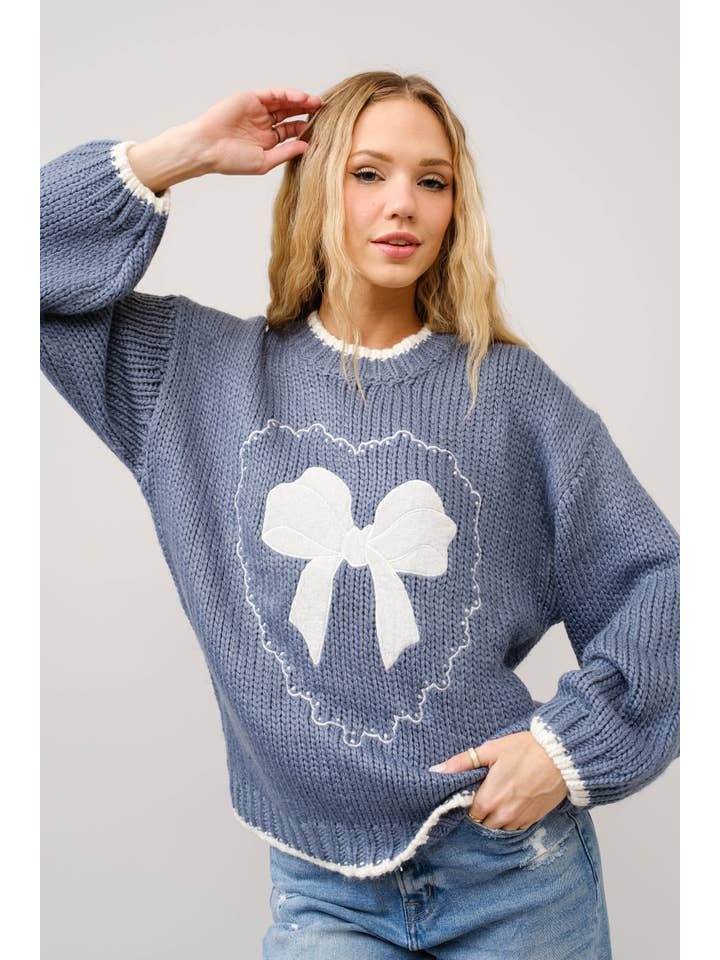 NAVY 18097W - Bow Embroidered Loose Fit Sweater for wholesale on Faire