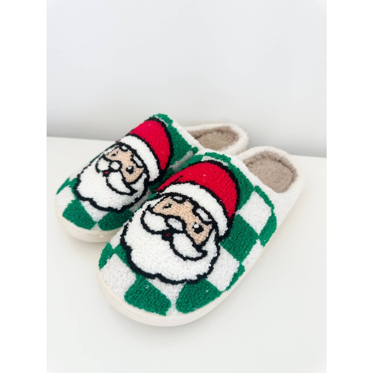Festive Santa Green Checkered Cozy Slippers  for wholesale on Faire2