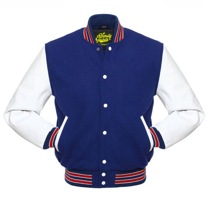 Royal Blue Wool & White Leather Sleeves Red Stripes Jacket for wholesale by Varsity Craft