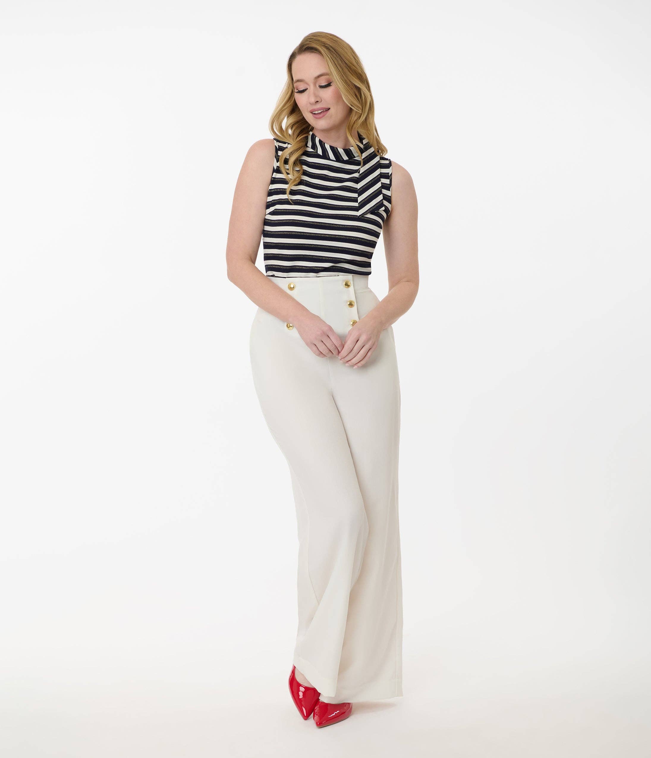 Unique Vintage - Wholesale Pants - Women's - Smak Parlour White & Gold Button Wide Leg Sailor Pants4
