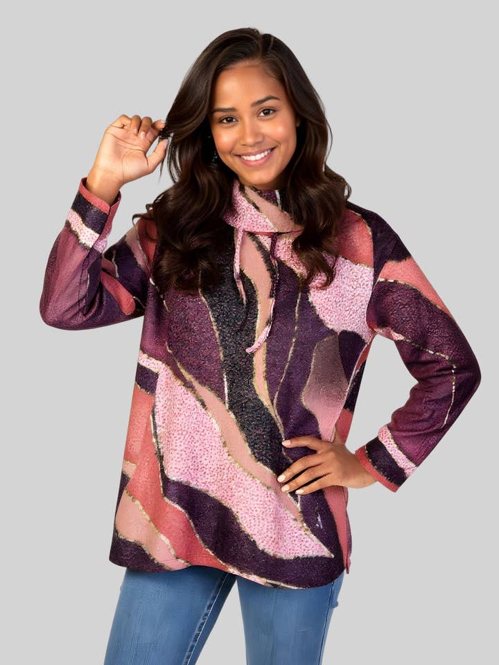 Sweater-like Cowl Neck w/ Mock Tie - Plum Abstract (D24445) for wholesale by Dantelle Apparel