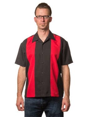 Steady Clothing - Wholesale Button Down Shirt - Men's - Poplin Double Panel Bowling Shirt in Black/Red