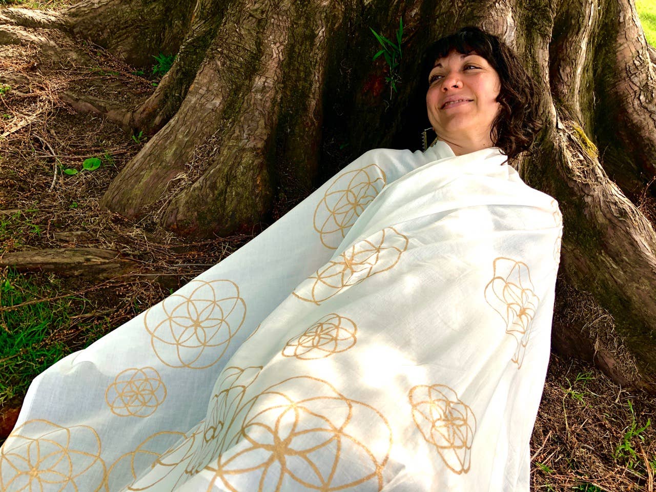 JAYA MOKSHA - Wholesale Scarf - Women's - Ivory Seed of Life Scarf / Sacred Geometry Shawl or Scarf