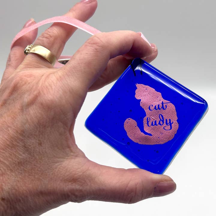 Cat Lady Handmade 2.25" Fused Glass Ornament for wholesale by Kiku Handmade | Contemporary Fused Glass Home Goods