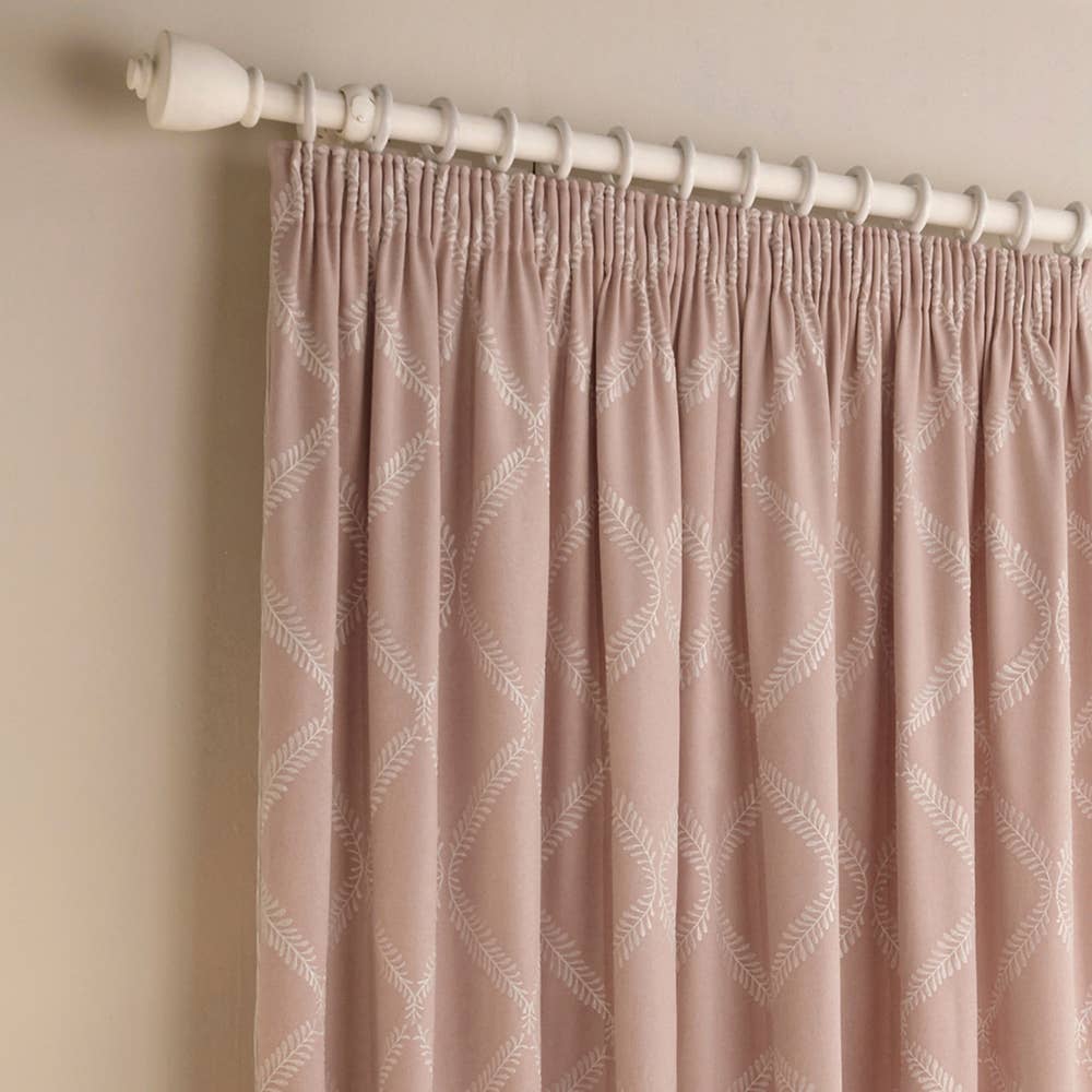 Olivia Lattice Embroidered Pencil Pleat Curtains Blush for wholesale on Faire1