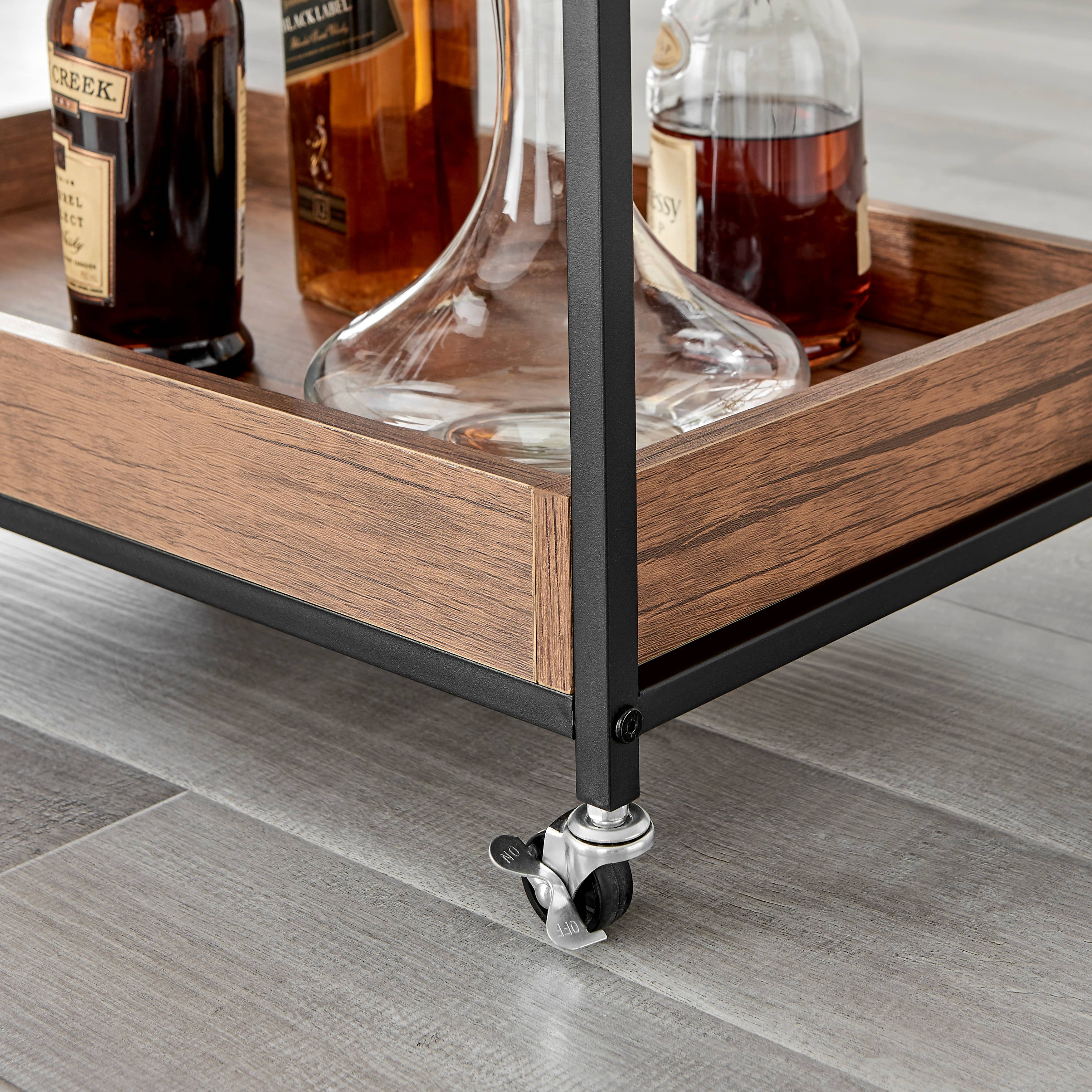 Danya B - Wholesale Bar Cart - Walnut Veneer Metal Rolling Wine Bar Cart with Storage Rack15