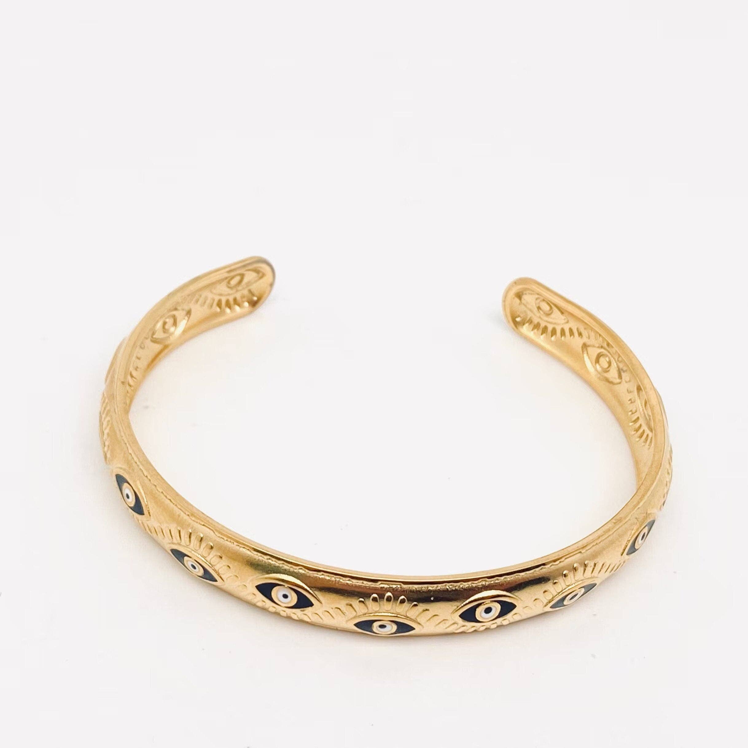 Mio Queena - Wholesale Cuff Bracelet - Black Evil Eye Cuff 18k Gold Plated Steel Bangle - FGS1