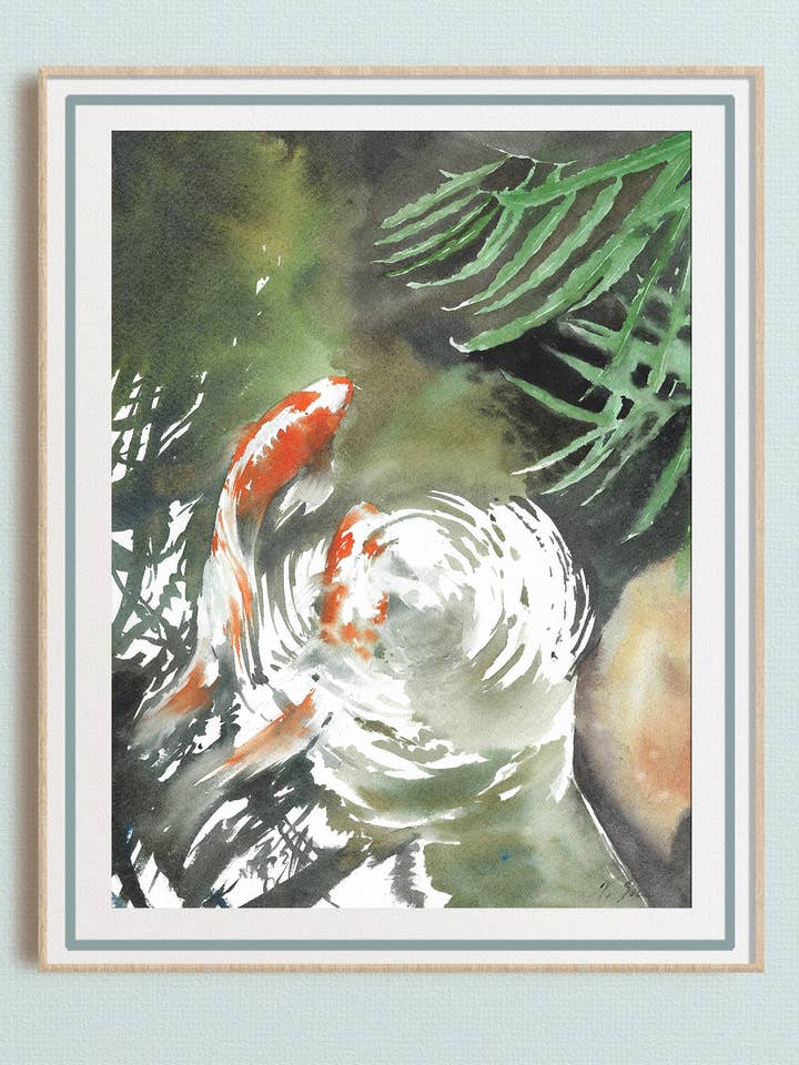 Koi Fish Zen Watercolor Art, Japanese Feng Shui Decor for wholesale by Yuliasheart