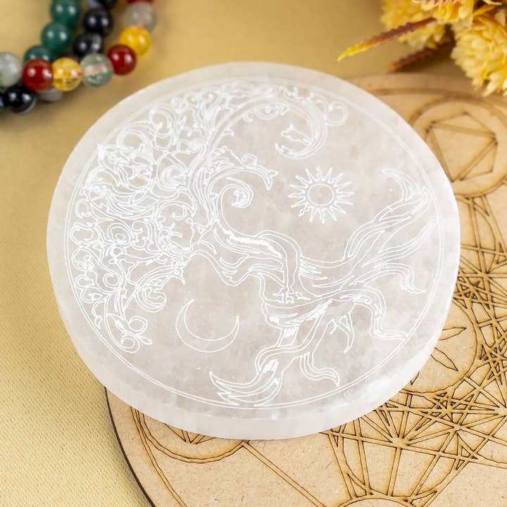 4" Selenite Plate | Tree of Life Moon & Sun Selenite Plate for wholesale by Soothing Crystals