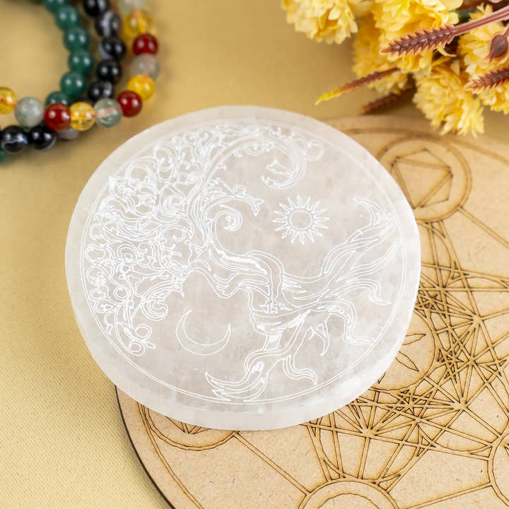 4" Selenite Plate | Tree of Life Moon & Sun Selenite Plate for wholesale by Soothing Crystals
