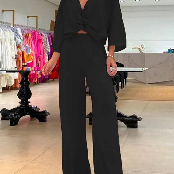 Ensemble trois pièces de soutiens-gorge triangulaires de couleur unie + chemisier à manches trois-quarts + pantalon et pantalon pour la vente par Plush Looks