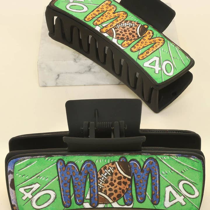 Leopard Print Football "MOM" Gridiron Hair Claw Clip for wholesale by SP Sophia Collection