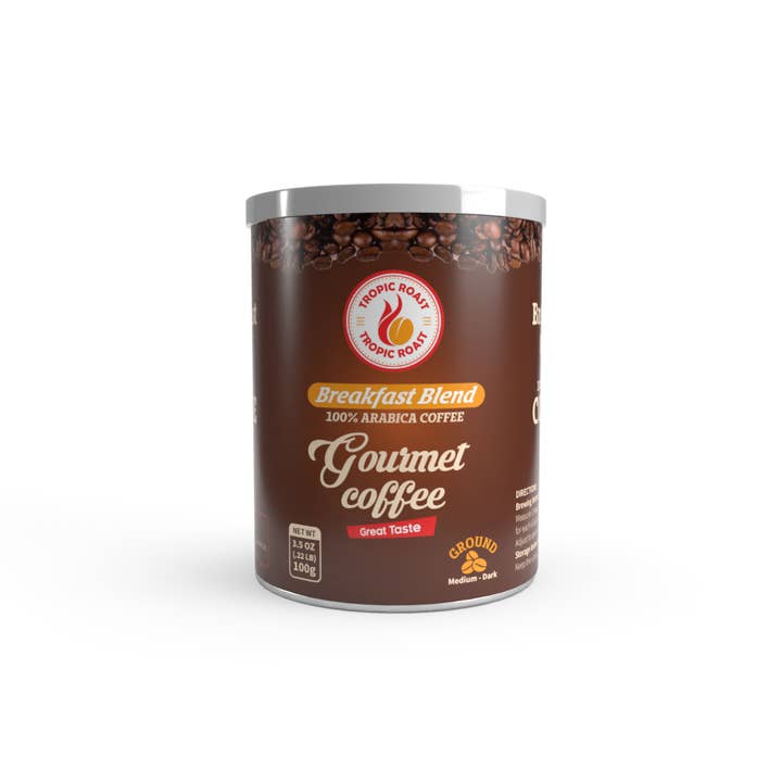 Breakfast Blend 100% Arabica Medium-Dark, Ground, Net WT 3.5 OZ (.22 LB) 100 grams for wholesale by Tropic Roast