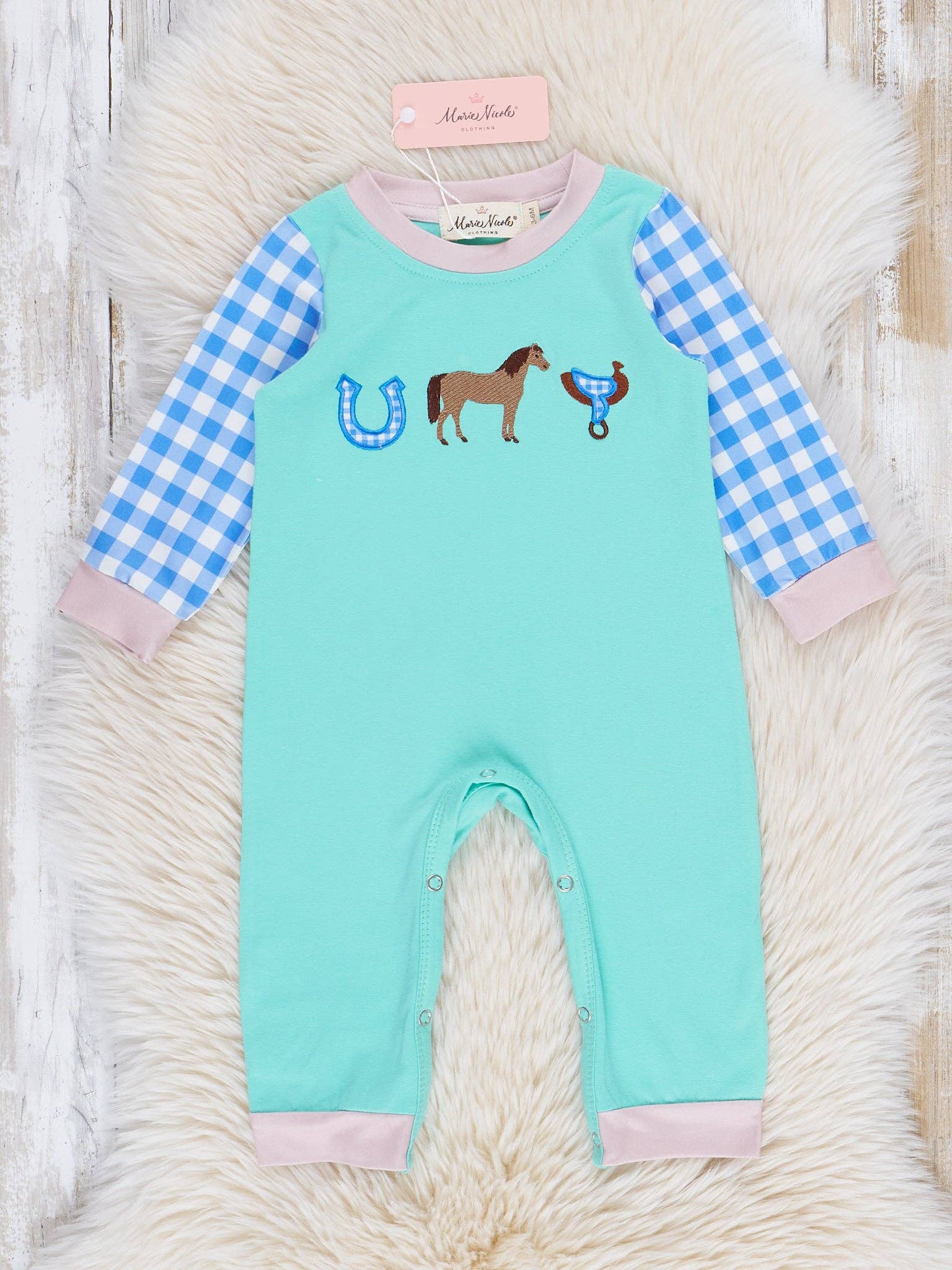 Marie Nicole Clothing - Wholesale Jumpsuit - Baby - Embroidered Horsing Around Gingham Romper0