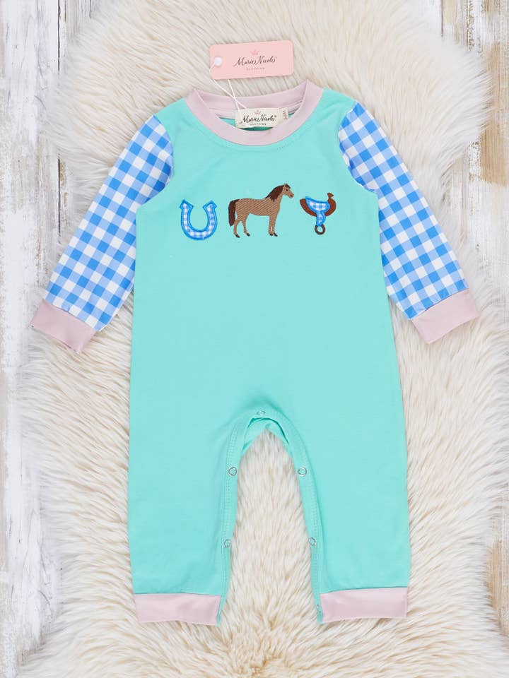 Marie Nicole Clothing - Wholesale Jumpsuit - Baby - Embroidered Horsing Around Gingham Romper