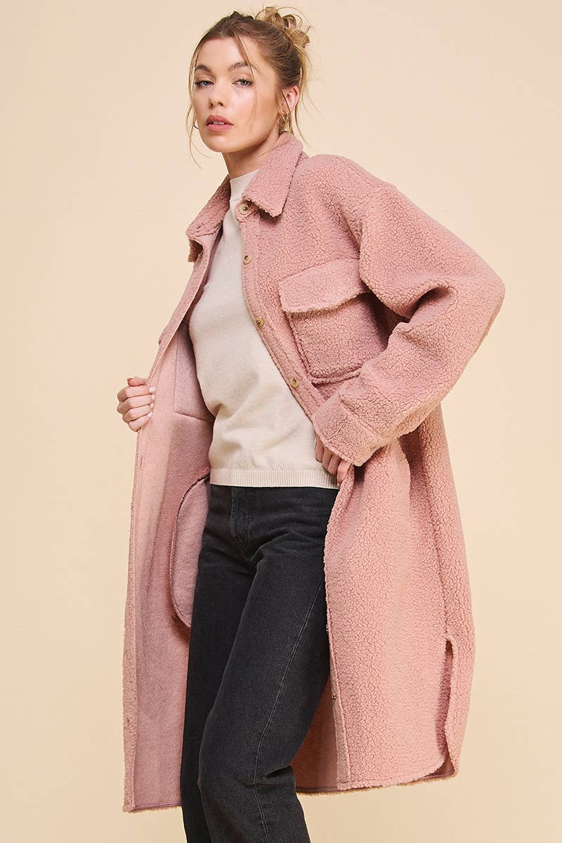 Dusty Rose Long Sherpa Shacket with Pockets for wholesale on Faire14