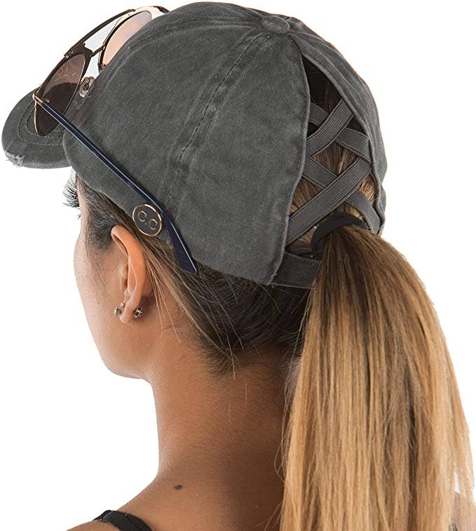 Funky Junque - Wholesale Ponytail Cap - Women's - Criss Cross Ponytail Cap w/Buttons (Charcoal)2